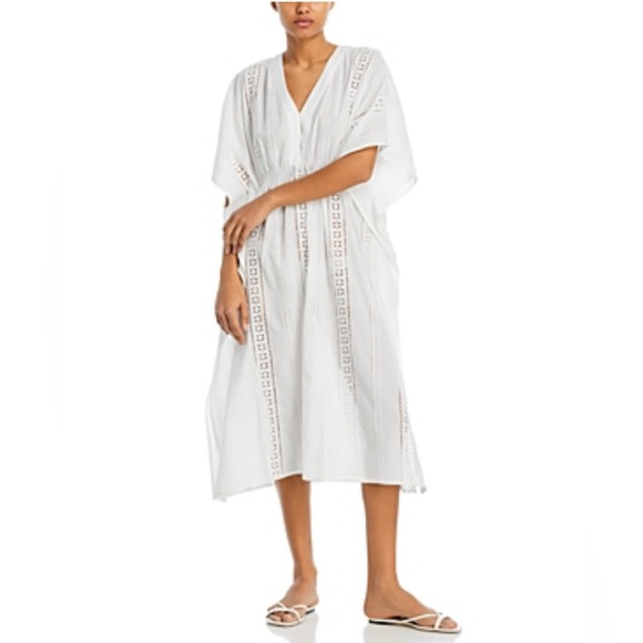 $159 NWT ECHO white eyelet caftan swim cover smocked women size XS-S - Picture 2 of 6